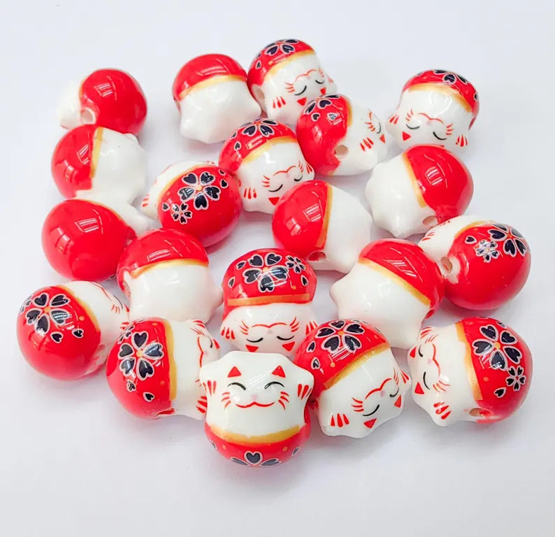 2 Porcelain Cat Bead, Red and White Ceramic Animal Beads, Cute Cat Beads, Flower Bead, DIY Jewelry Making, Kids Craft Supplies, 14x13mm G37072