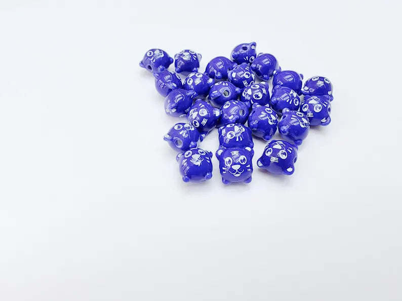 4 Porcelain Tiger Beads, Navy Blue Ceramic Animal Beads, Cute Cartoon, Round Hole, DIY Jewelry Making, Kids Craft Supplies, 11x11mm G37073