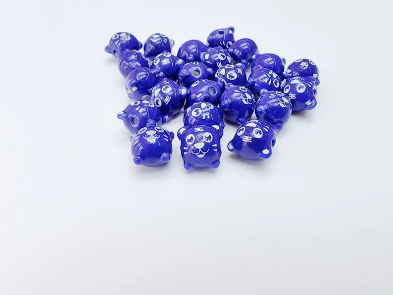 4 Porcelain Tiger Beads, Navy Blue Ceramic Animal Beads, Cute Cartoon, Round Hole, DIY Jewelry Making, Kids Craft Supplies, 11x11mm G37073