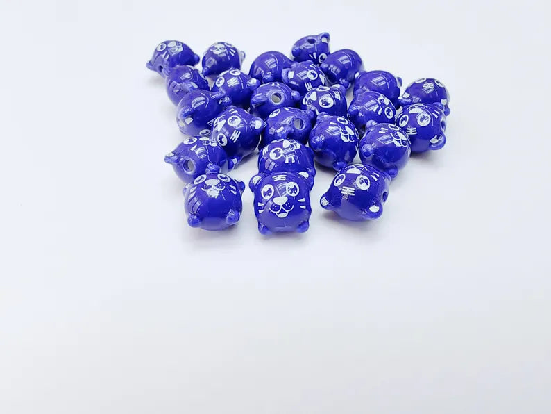 4 Porcelain Tiger Beads, Navy Blue Ceramic Animal Beads, Cute Cartoon, Round Hole, DIY Jewelry Making, Kids Craft Supplies, 11x11mm G37073