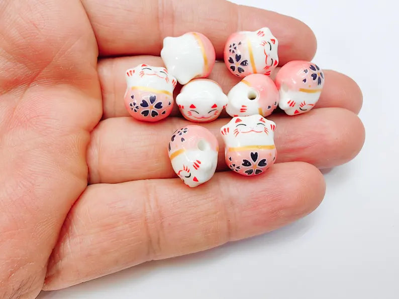 2 Porcelain Cat Bead, Pink and White Ceramic Animal Bead, Cute Cat Beads, Flower Bead, DIY Jewelry Making, Kids Craft Supplies, 14x13mm G37075