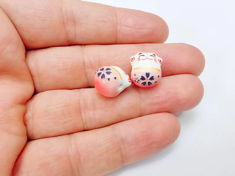 2 Porcelain Cat Bead, Pink and White Ceramic Animal Bead, Cute Cat Beads, Flower Bead, DIY Jewelry Making, Kids Craft Supplies, 14x13mm G37075