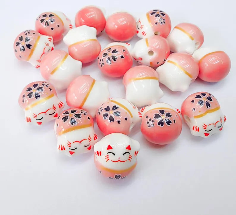 2 Porcelain Cat Bead, Pink and White Ceramic Animal Bead, Cute Cat Beads, Flower Bead, DIY Jewelry Making, Kids Craft Supplies, 14x13mm G37075