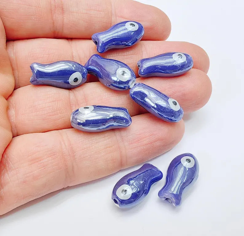 2 Porcelain Fish Beads, Ceramic Fish Beads, Navy Blue Beads for Jewelry Making, Cute Fish Beads for DIY Crafts and Accessories 19x10mm G37076