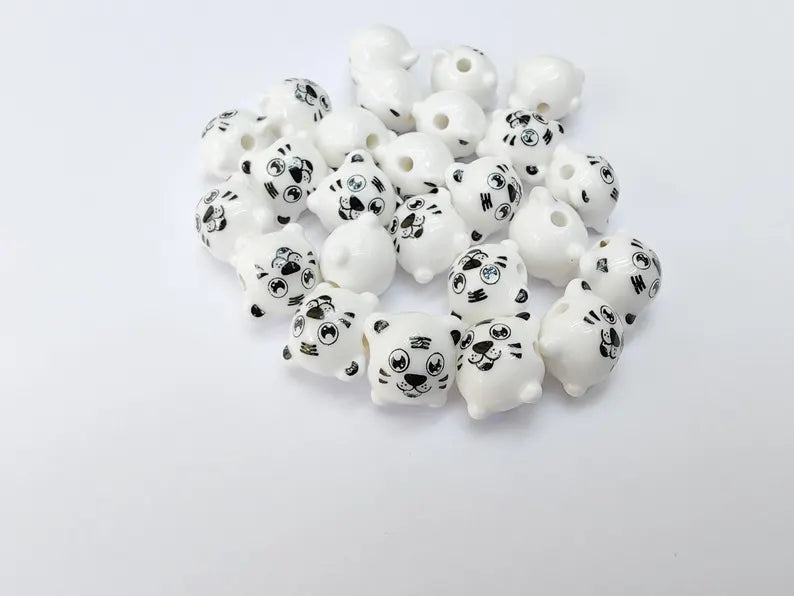 4 Porcelain Tiger Beads, White Ceramic Animal Beads, Cute Cartoon, Round Hole, DIY Jewelry Making, Kids Craft Supplies, 11x11mm G37077