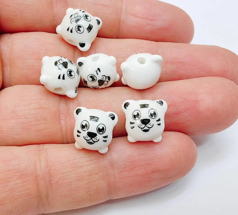 4 Porcelain Tiger Beads, White Ceramic Animal Beads, Cute Cartoon, Round Hole, DIY Jewelry Making, Kids Craft Supplies, 11x11mm G37077