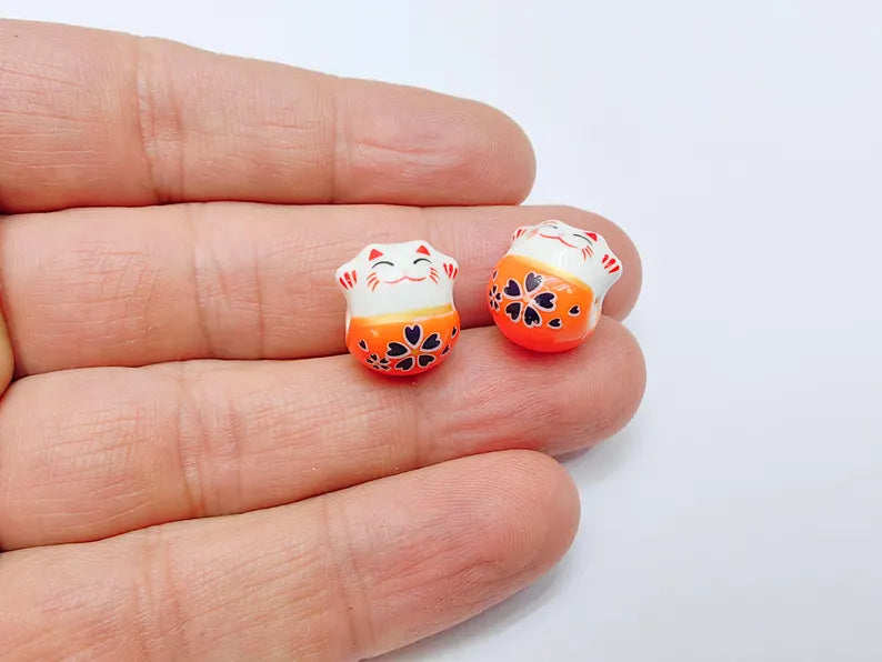 2 Porcelain Cat Bead, Orange White Ceramic Animal Beads, Cute Cat Beads, Flower Bead, DIY Jewelry Making, Kids Craft Supplies, 14x13mm G37078