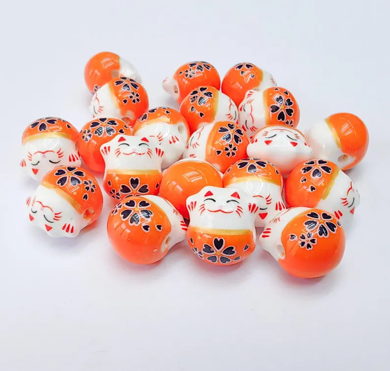 2 Porcelain Cat Bead, Orange White Ceramic Animal Beads, Cute Cat Beads, Flower Bead, DIY Jewelry Making, Kids Craft Supplies, 14x13mm G37078