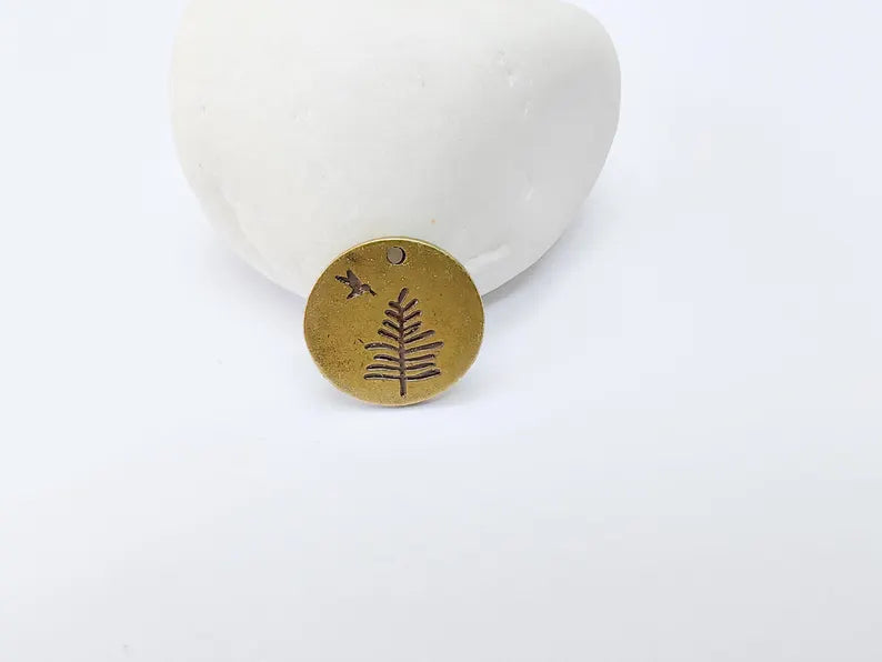 4 Tree and Bird Charms, Round Boho Charm, Earring Charm, Dangle Pendant, Necklace Parts, Antique Bronze Plated Metal 17mm G37079