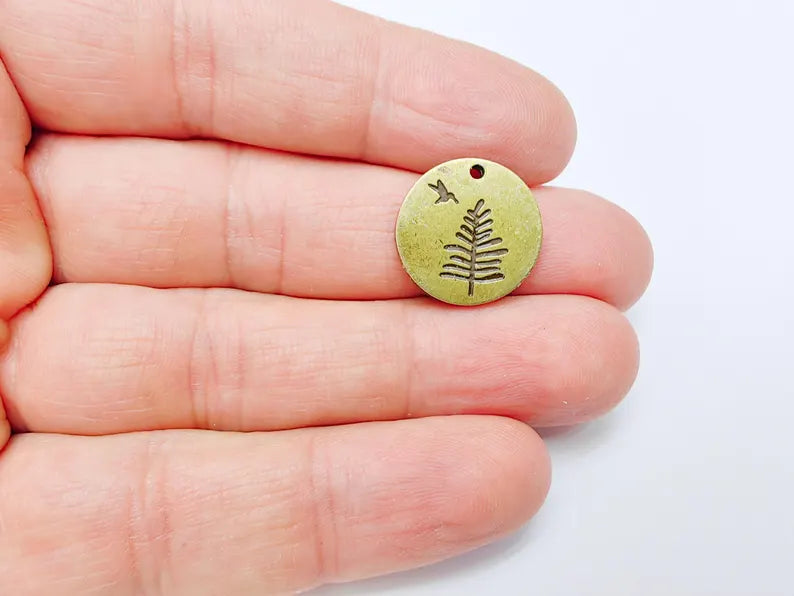 4 Tree and Bird Charms, Round Boho Charm, Earring Charm, Dangle Pendant, Necklace Parts, Antique Bronze Plated Metal 17mm G37079