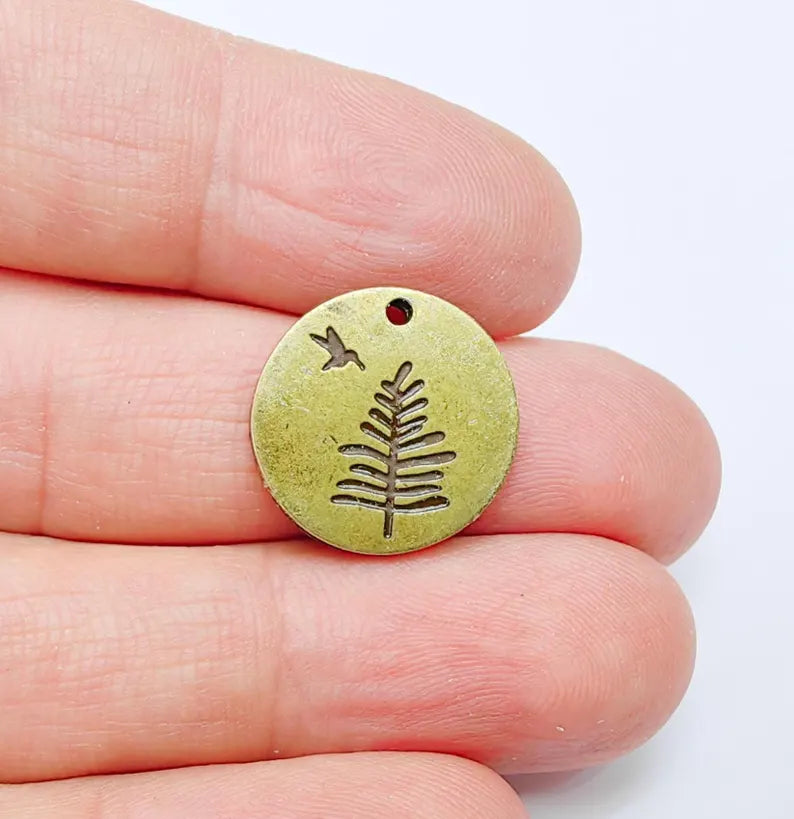 4 Tree and Bird Charms, Round Boho Charm, Earring Charm, Dangle Pendant, Necklace Parts, Antique Bronze Plated Metal 17mm G37079