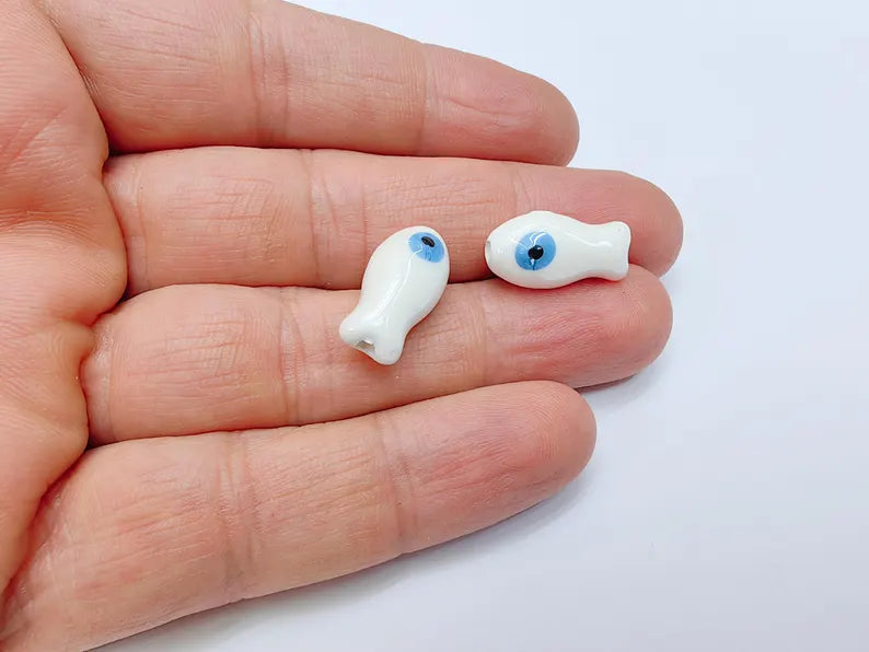 2 Porcelain Fish Beads, Ceramic Fish Beads, White Beads for Jewelry Making, Cute Fish Beads for DIY Crafts and Accessories 19x10mm G37080