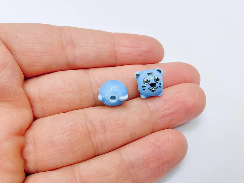 4 Porcelain Tiger Beads, Blue Ceramic Animal Beads, Cute Cartoon, Round Hole, DIY Jewelry Making, Kids Craft Supplies, 11x11mm G37081