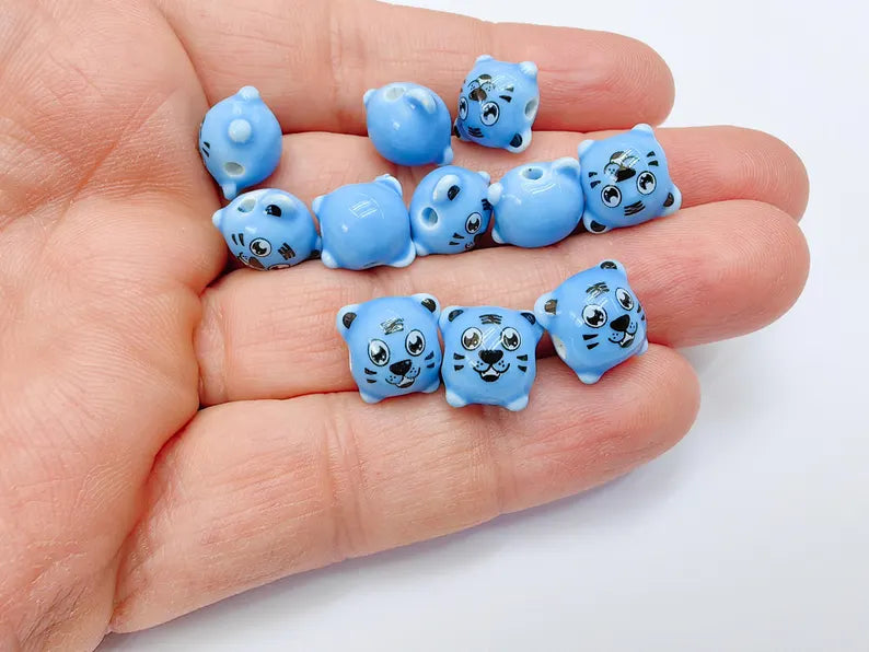4 Porcelain Tiger Beads, Blue Ceramic Animal Beads, Cute Cartoon, Round Hole, DIY Jewelry Making, Kids Craft Supplies, 11x11mm G37081