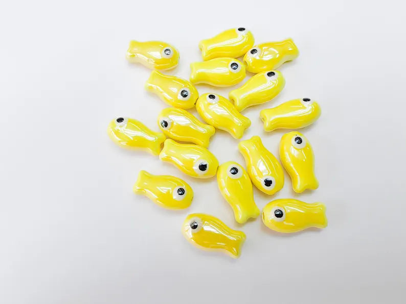 2 Porcelain Fish Beads, Ceramic Fish Beads, Yellow Beads for Jewelry Making, Cute Fish Beads for DIY Crafts and Accessories 19x10mm G37083