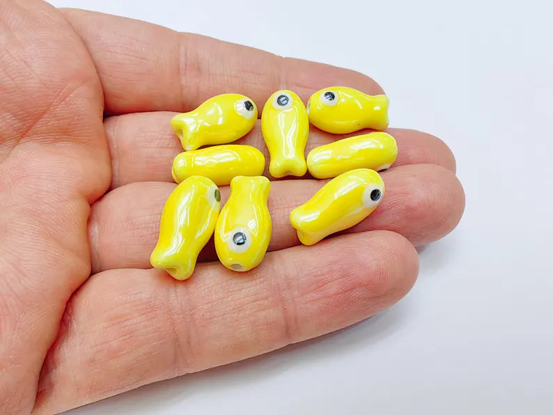 2 Porcelain Fish Beads, Ceramic Fish Beads, Yellow Beads for Jewelry Making, Cute Fish Beads for DIY Crafts and Accessories 19x10mm G37083