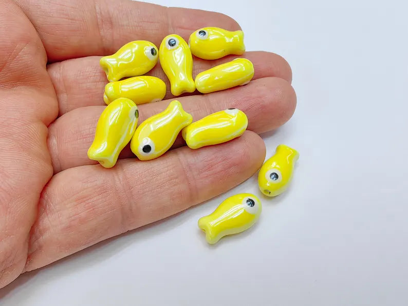 2 Porcelain Fish Beads, Ceramic Fish Beads, Yellow Beads for Jewelry Making, Cute Fish Beads for DIY Crafts and Accessories 19x10mm G37083