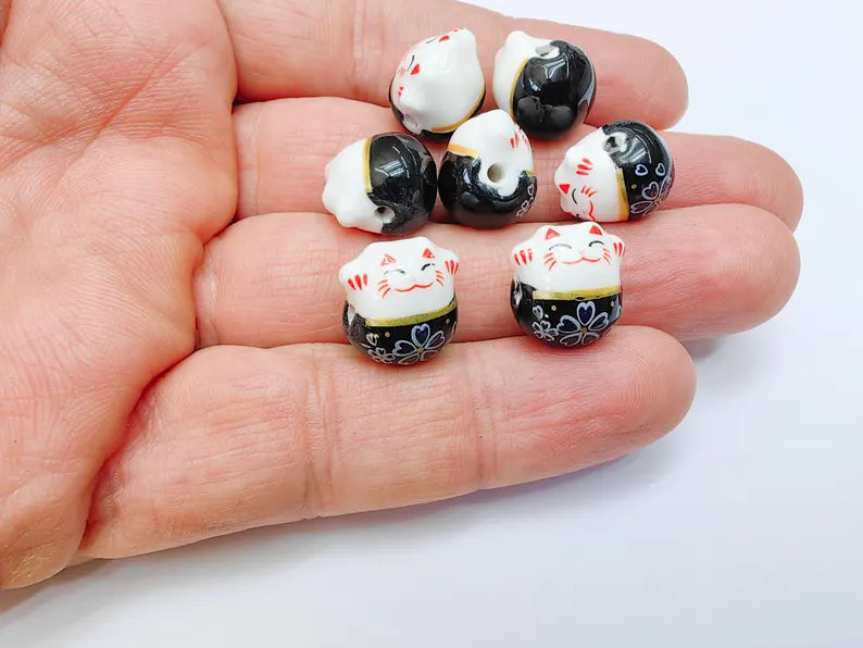 2 Porcelain Cat Bead, Black White Ceramic Animal Beads, Cute Cat Beads, Flower Bead, DIY Jewelry Making, Kids Craft Supplies, 14x13mm G37084