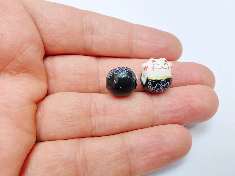 2 Porcelain Cat Bead, Black White Ceramic Animal Beads, Cute Cat Beads, Flower Bead, DIY Jewelry Making, Kids Craft Supplies, 14x13mm G37084