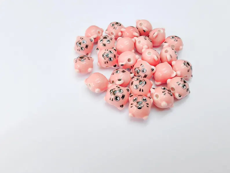 4 Porcelain Tiger Beads, Pink Ceramic Animal Beads, Cute Cartoon, Round Hole, DIY Jewelry Making, Kids Craft Supplies, 11x11mm G37085