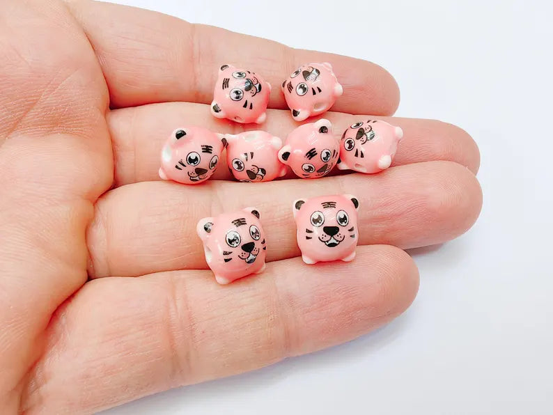 4 Porcelain Tiger Beads, Pink Ceramic Animal Beads, Cute Cartoon, Round Hole, DIY Jewelry Making, Kids Craft Supplies, 11x11mm G37085