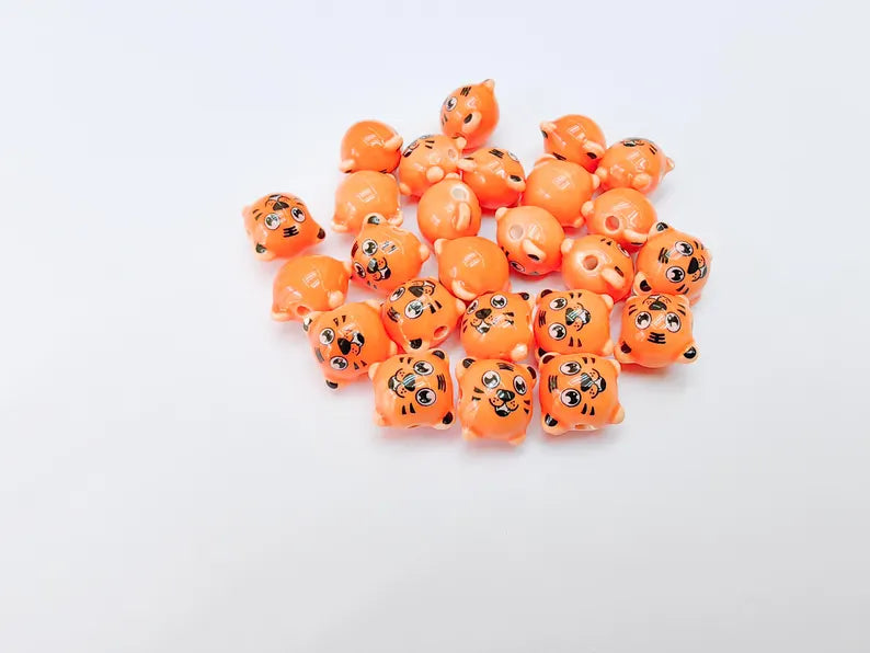 2 Porcelain Tiger Beads, Orange Ceramic Animal Beads, Cute Cartoon, Round Hole, DIY Jewelry Making, Kids Craft Supplies, 11x11mm G37088