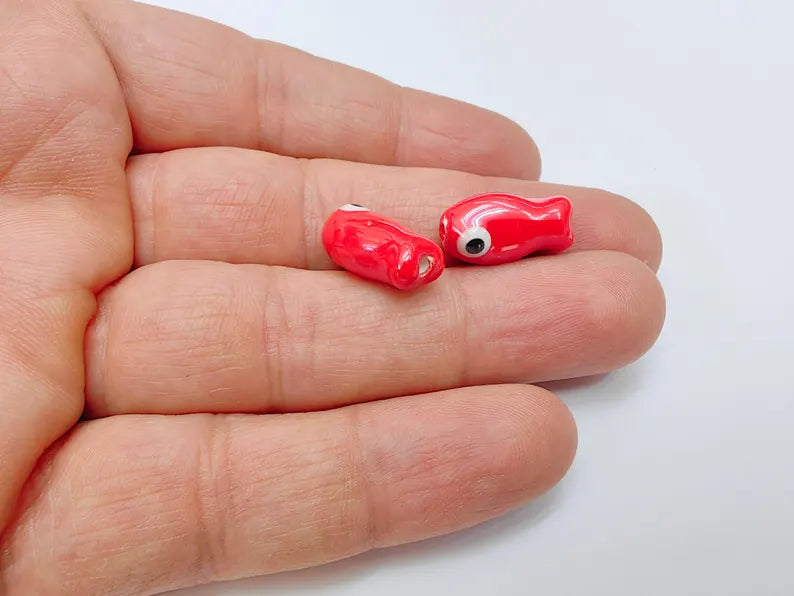 2 Porcelain Fish Beads, Ceramic Fish Beads, Red Beads for Jewelry Making, Cute Fish Beads for DIY Crafts and Accessories 19x10mm G37090