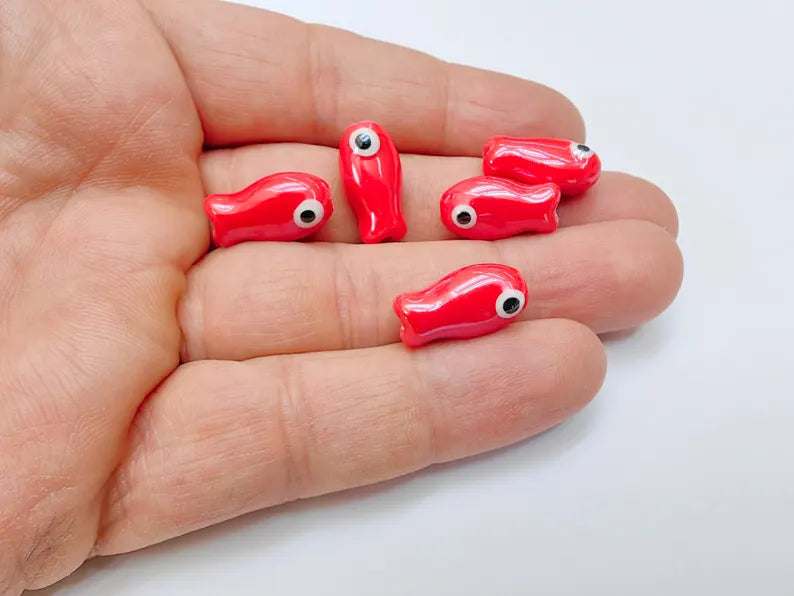 2 Porcelain Fish Beads, Ceramic Fish Beads, Red Beads for Jewelry Making, Cute Fish Beads for DIY Crafts and Accessories 19x10mm G37090