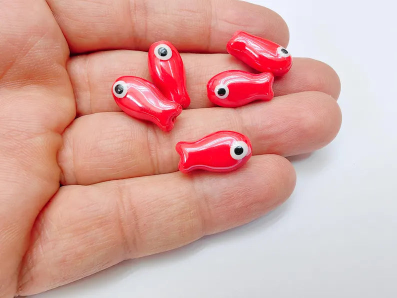 2 Porcelain Fish Beads, Ceramic Fish Beads, Red Beads for Jewelry Making, Cute Fish Beads for DIY Crafts and Accessories 19x10mm G37090