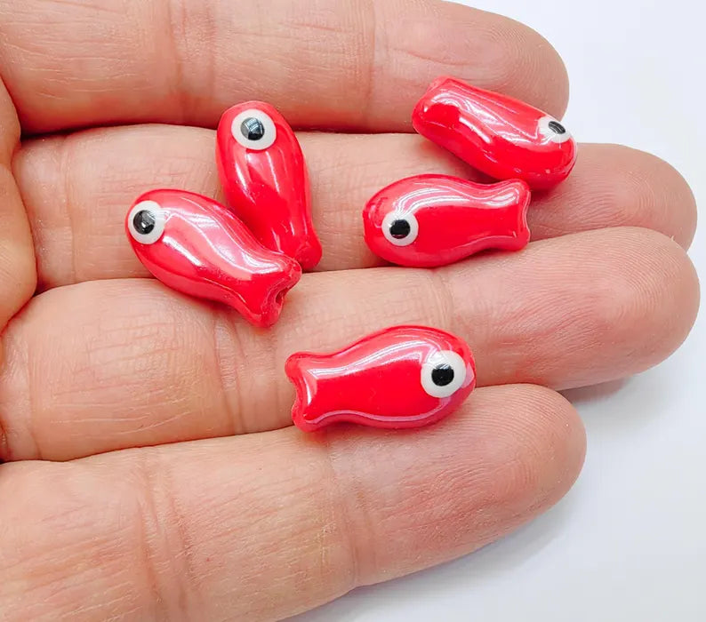 2 Porcelain Fish Beads, Ceramic Fish Beads, Red Beads for Jewelry Making, Cute Fish Beads for DIY Crafts and Accessories 19x10mm G37090