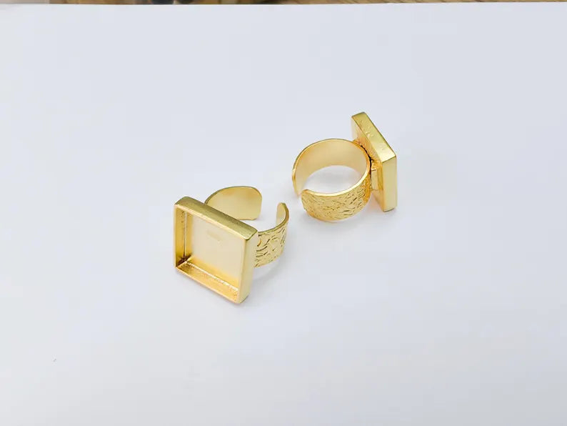 Square Ring Blank Settings, Cabochon Mounting, Adjustable Gold Plated Resin Ring Base, Inlay Ring, Mosaic Epoxy Bezel Ring (16x16mm) G37091