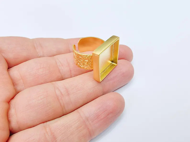 Square Ring Blank Settings, Cabochon Mounting, Adjustable Gold Plated Resin Ring Base, Inlay Ring, Mosaic Epoxy Bezel Ring (16x16mm) G37091