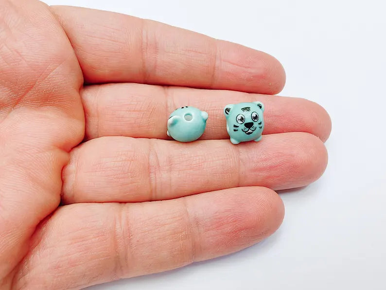 Porcelain Tiger Beads, Turquoise Ceramic Animal 4 Beads, Cute Cartoon, Round Hole, DIY Jewelry Making, Kids Craft Supplies, 11x11mm G37093