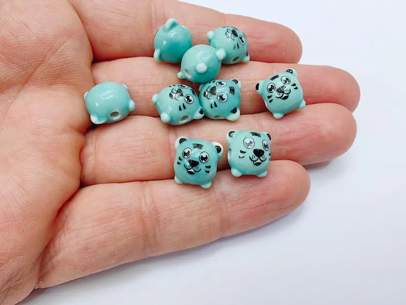 Porcelain Tiger Beads, Turquoise Ceramic Animal 4 Beads, Cute Cartoon, Round Hole, DIY Jewelry Making, Kids Craft Supplies, 11x11mm G37093