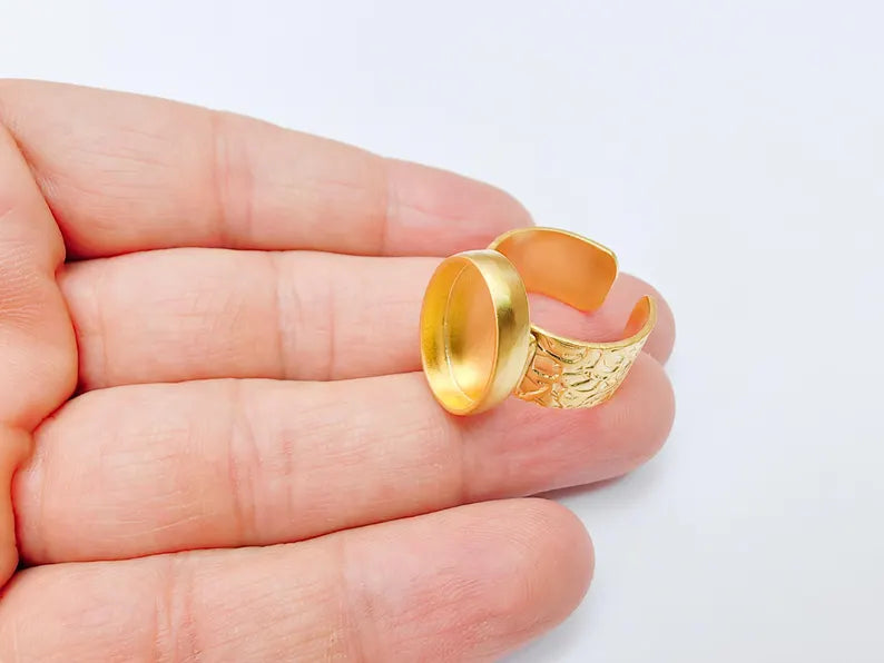 Oval Ring Blank Settings, Cabochon Mounting, Adjustable Gold Plated Resin Ring Base, Inlay Ring, Mosaic Epoxy Bezel Ring (18x13mm) G37095