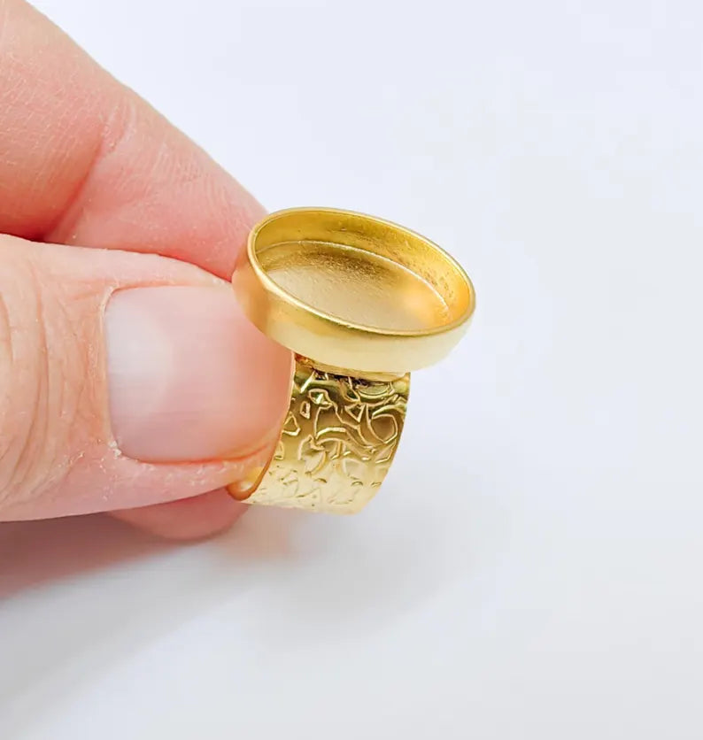 Oval Ring Blank Settings, Cabochon Mounting, Adjustable Gold Plated Resin Ring Base, Inlay Ring, Mosaic Epoxy Bezel Ring (18x13mm) G37095