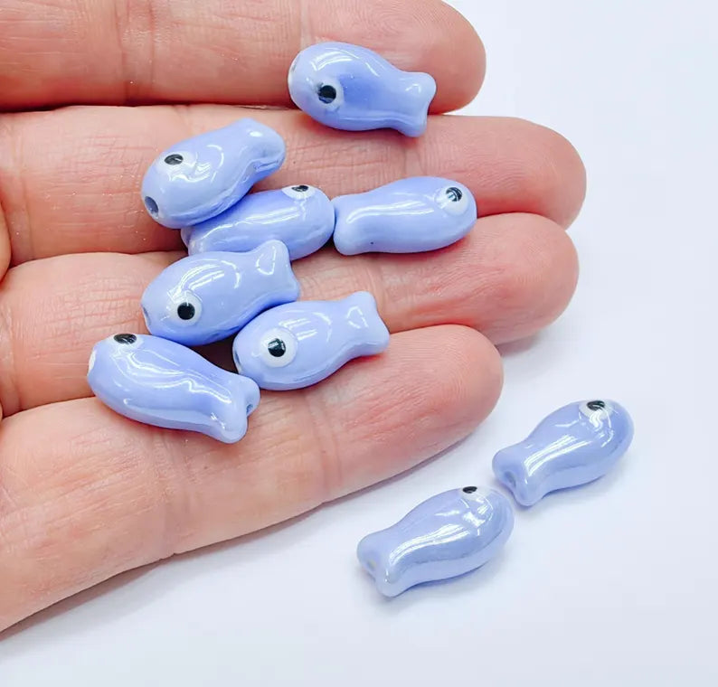 2 Porcelain Fish Beads, Ceramic Fish Beads, Blue Beads for Jewelry Making, Cute Fish Beads for DIY Crafts and Accessories 19x10mm G37096