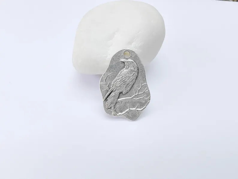 Raven Charm Charm, Gothic Boho Pendant, Bird on Branch Charm, Earring Charm, Crow Mystical Necklace, Antique Silver Plated 30x22mm G37098