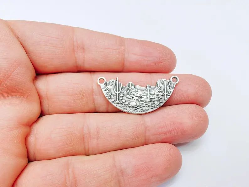 Desert Landscape Pendant Connector, Cactus Mountain Charms, Two Hole Charm for Boho and Nature Charm, Antique Silver Plated 36x16mm G37099