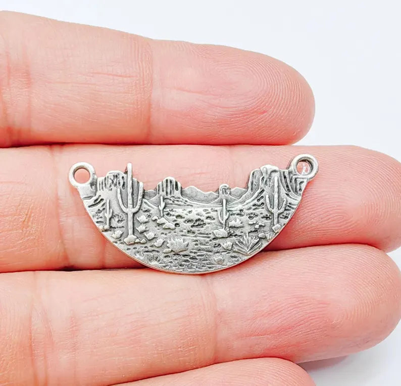 Desert Landscape Pendant Connector, Cactus Mountain Charms, Two Hole Charm for Boho and Nature Charm, Antique Silver Plated 36x16mm G37099