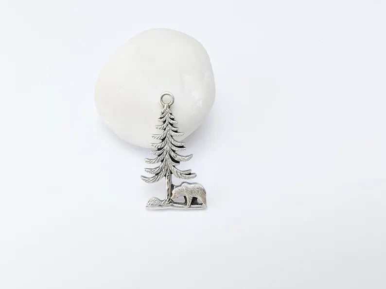 Bear and Tree Pendant, Forest Wildlife Charm, Hiking Camping Jewelry, Nature Earring, Rustic Outdoor, Antique Silver Plated 39x21mm G37100