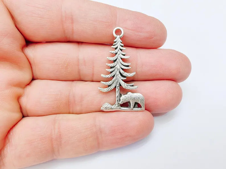 Bear and Tree Pendant, Forest Wildlife Charm, Hiking Camping Jewelry, Nature Earring, Rustic Outdoor, Antique Silver Plated 39x21mm G37100