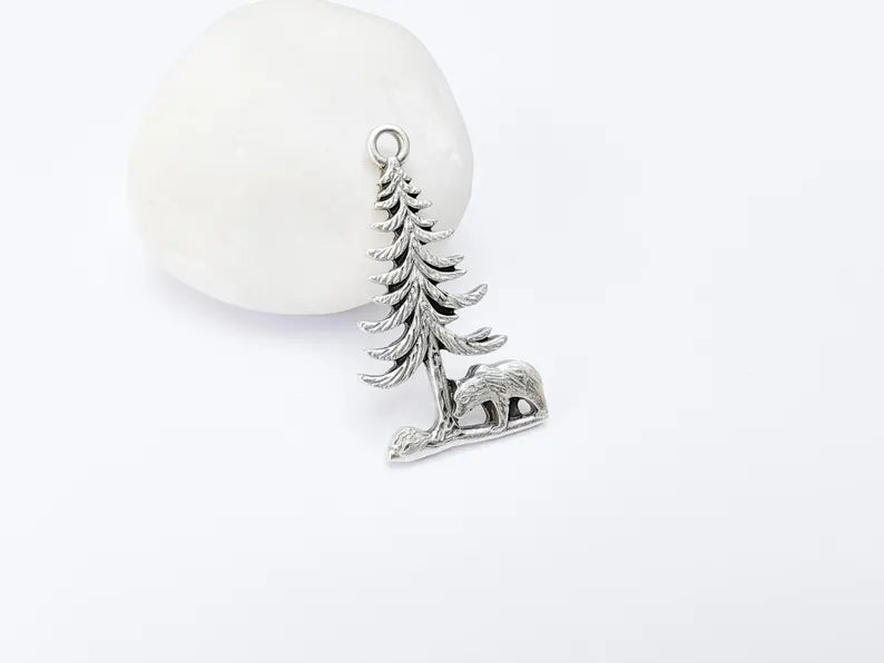 Bear and Tree Pendant, Forest Wildlife Charm, Hiking Camping Jewelry, Nature Earring, Rustic Outdoor, Antique Silver Plated 39x21mm G37100