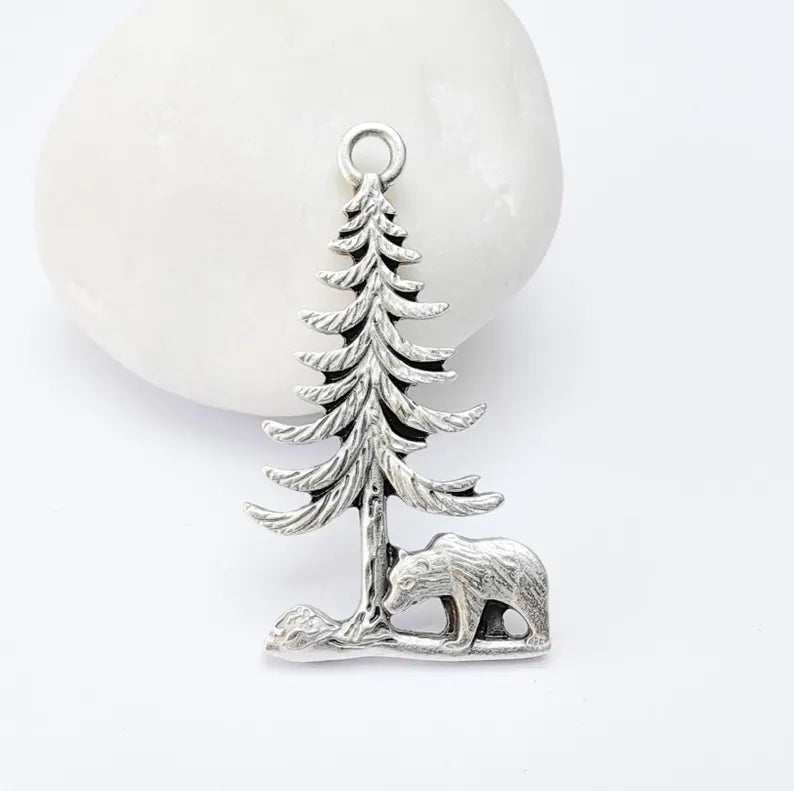 Bear and Tree Pendant, Forest Wildlife Charm, Hiking Camping Jewelry, Nature Earring, Rustic Outdoor, Antique Silver Plated 39x21mm G37100