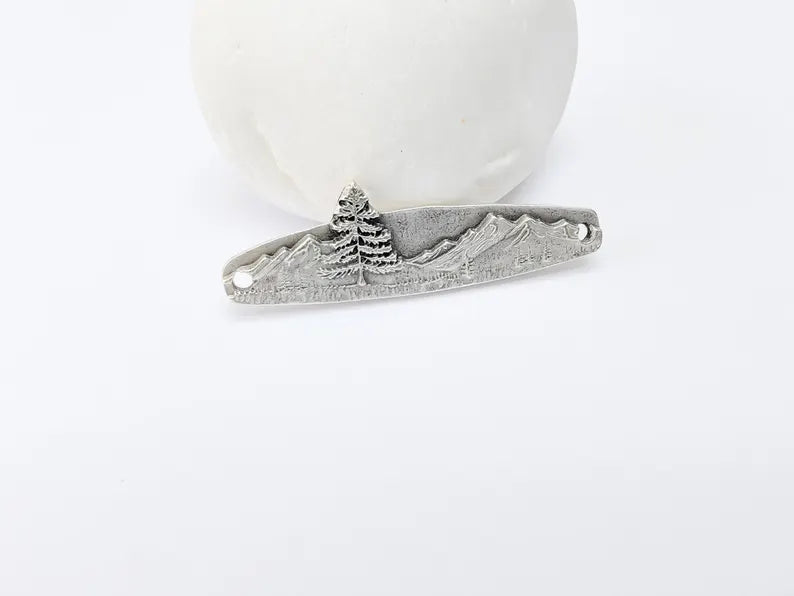 Mountain Tree Bar Pendant Connector, Forest Landscape Bracelet Charm, Nature Outdoor Necklace Jewelry, Antique Silver Plated 44x13mm G37101