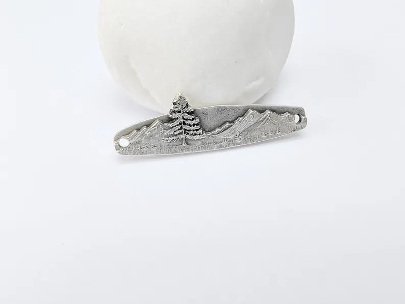 Mountain Tree Bar Pendant Connector, Forest Landscape Bracelet Charm, Nature Outdoor Necklace Jewelry, Antique Silver Plated 44x13mm G37101