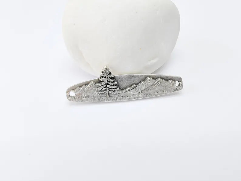 Mountain Tree Bar Pendant Connector, Forest Landscape Bracelet Charm, Nature Outdoor Necklace Jewelry, Antique Silver Plated 44x13mm G37101