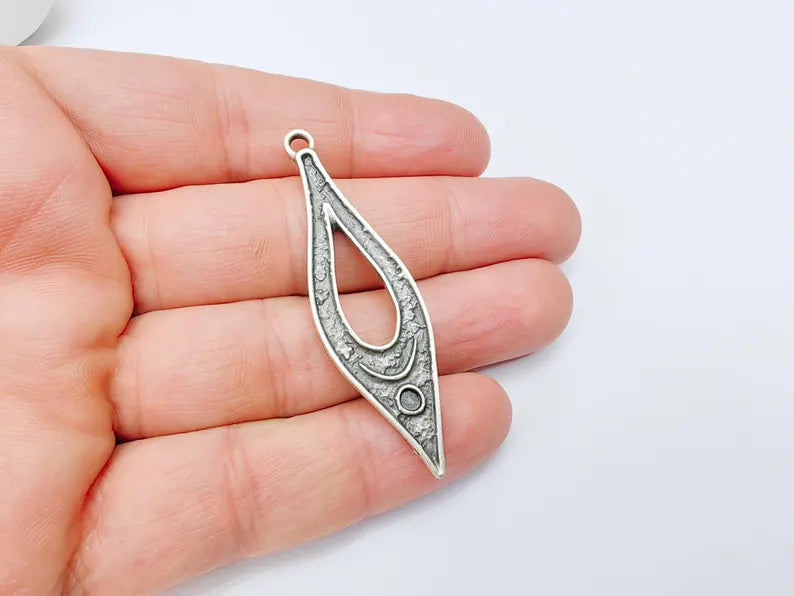 Boho Dangle Charm, Moon Pendant with Crescent and Circle Symbols, Spiritual Necklace Component, Antique Silver Plated 60x17mm G37103