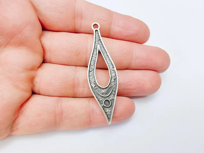 Boho Dangle Charm, Moon Pendant with Crescent and Circle Symbols, Spiritual Necklace Component, Antique Silver Plated 60x17mm G37103