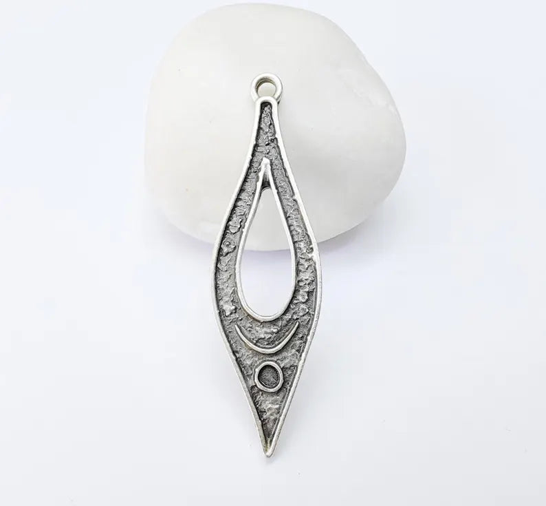 Boho Dangle Charm, Moon Pendant with Crescent and Circle Symbols, Spiritual Necklace Component, Antique Silver Plated 60x17mm G37103